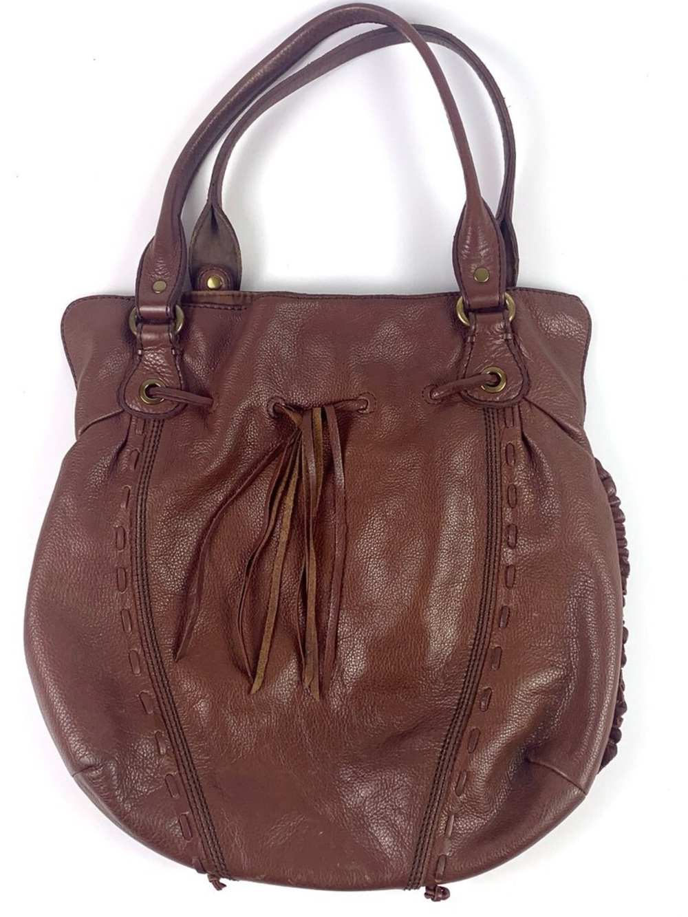 Lucky Brand Brown Leather Tassel Tote with Green Patterned Lining